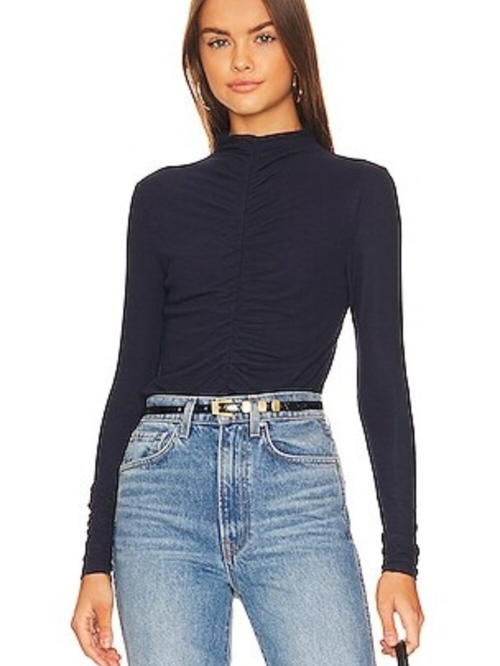 Veronica Beard Theresa Ruched Turtleneck XS Navy Blue Long Sleeve Knit Top Modal
